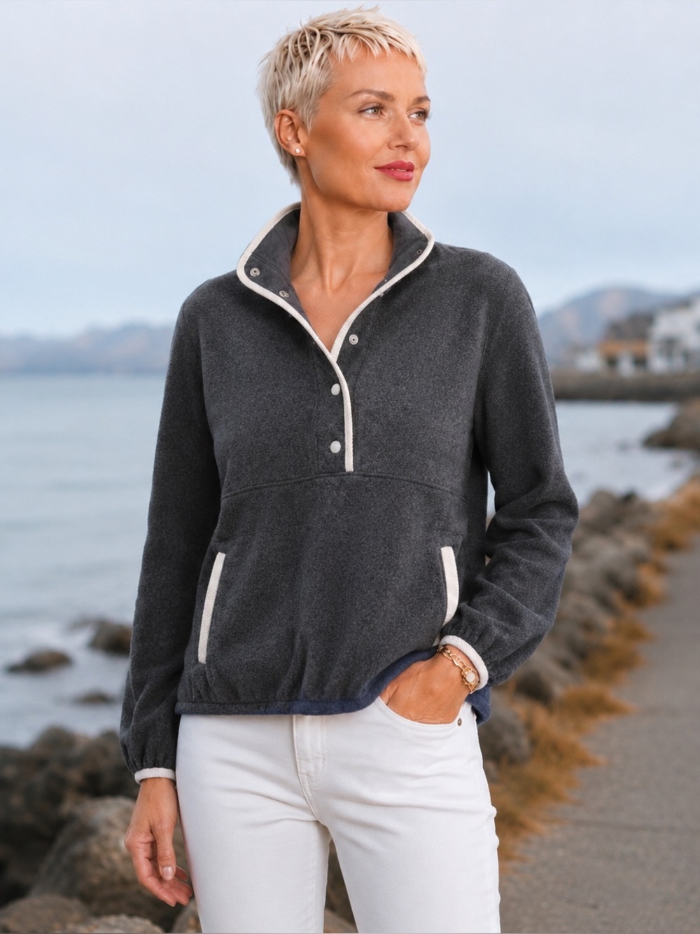 J.Crew Warm Up Fleece Pullover Gray Snap Neck XS NWT